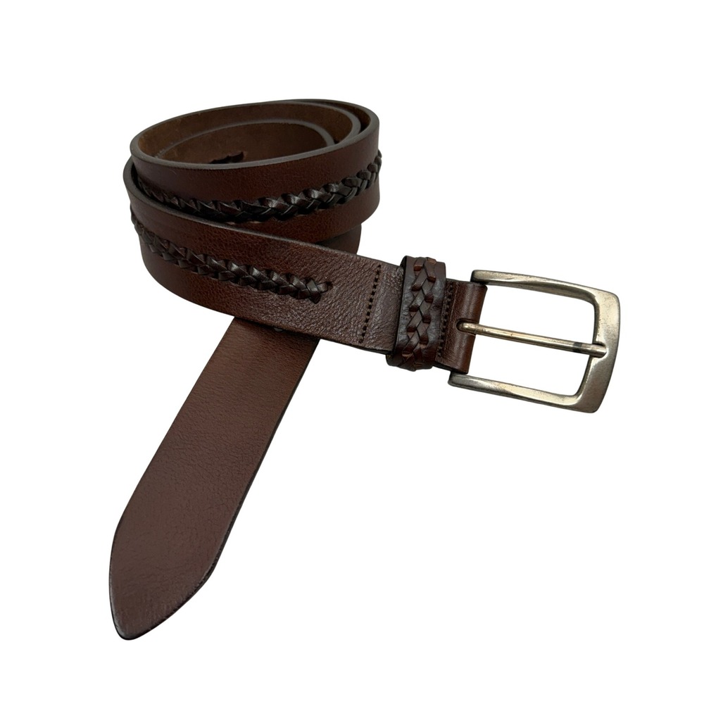 Mezlan Belt Mens 34 Brown Leather Weave Silver Buckle Made in Spain Whipstitch